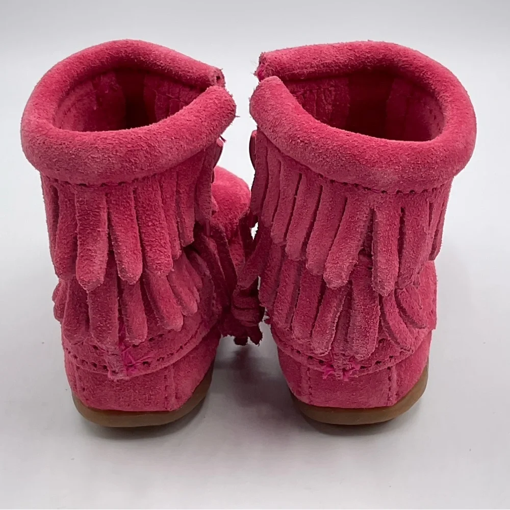 Minnetonka Baby Girl Size 1 Double Fringe Moccasins Shoes Hot Pink Rubber Sole
